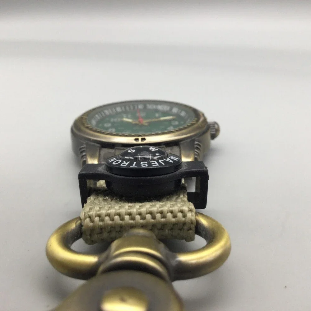 Majestron Key Ring Watch Mens 37mm Green Dial Brass Tone Compass New Battery